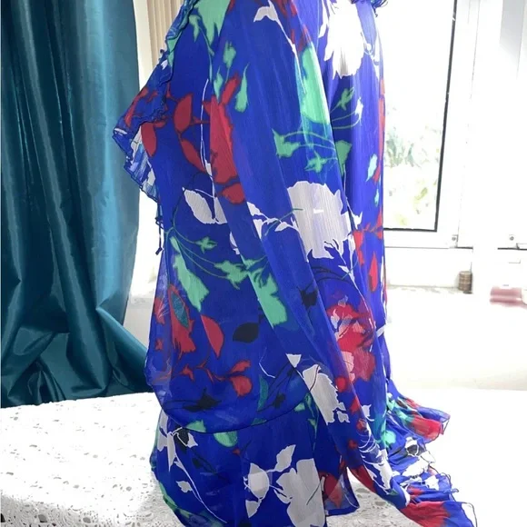 George Blue Floral Sheer Ruffled Blouse Deep V Neck , Size Medium - Picture 6 of 6